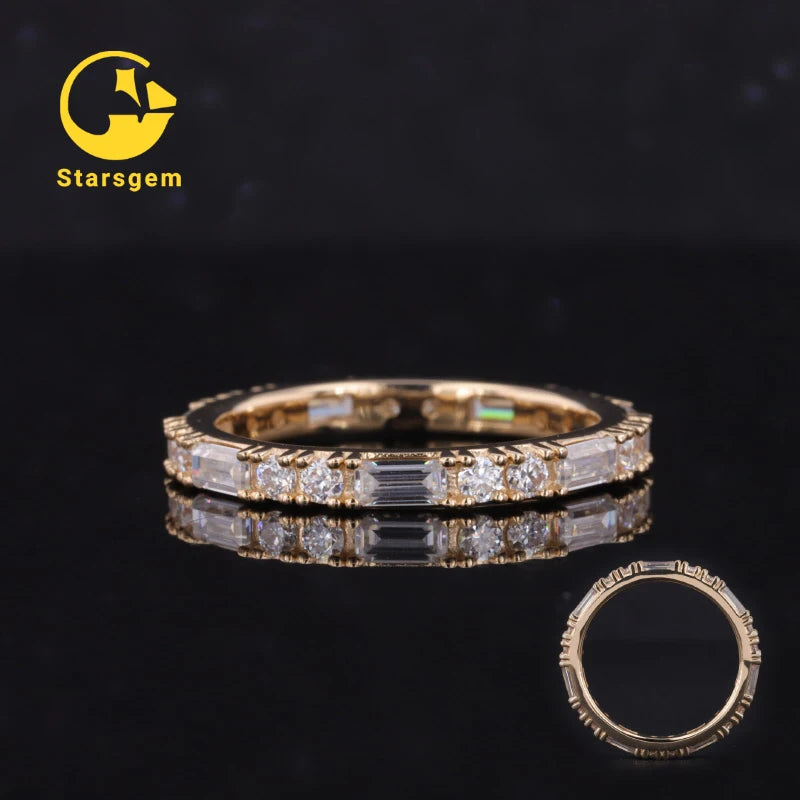 Starsgem Luxury Ring 14K Solid Gold Emerald Shape & Round Moissanite Wedding Rings Jewelry