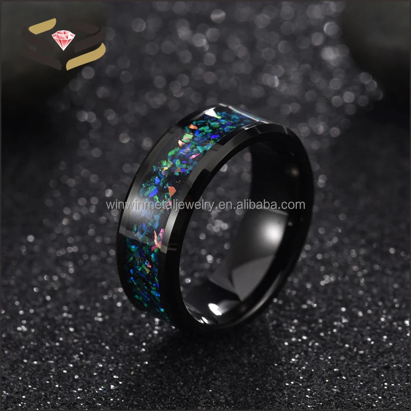 8mm Low Price Black Tungsten Trendy Wedding Ring for Men Galaxy Opal Inlay Beveled Edges Comfort Fit Engagement & Party Gift
