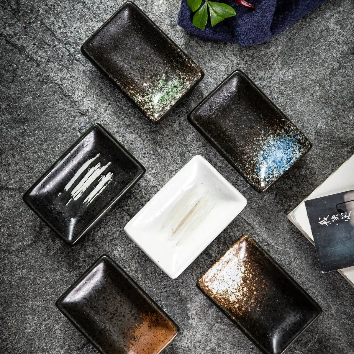 Japanese Style Reactive Glaze Rectangle Ceramic Soy Sauce Dish Small Seasoning Dipping Bowls