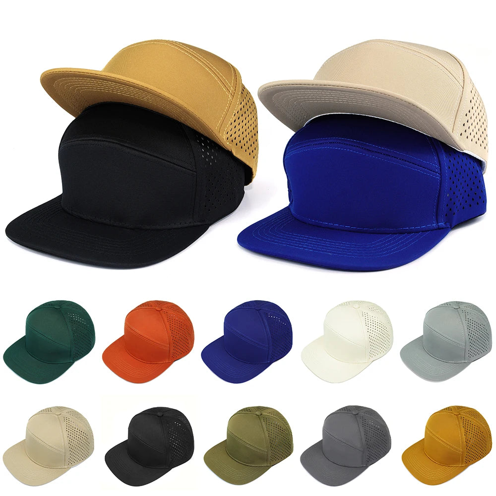 RTS Wholesale Flat Brim Baseball Cap 10 Colors Available Laser Cutting Hole Sporty Style Snapback Trucker Cap Custom Logo Common