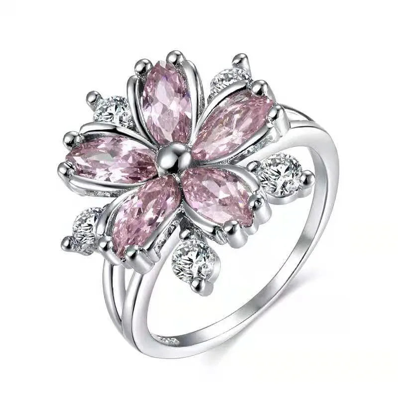 Jachon Copper Fashion Shinny Romantic Flower Shaped Zircon Ring Light Luxury Niche Design Flower Ring for Women