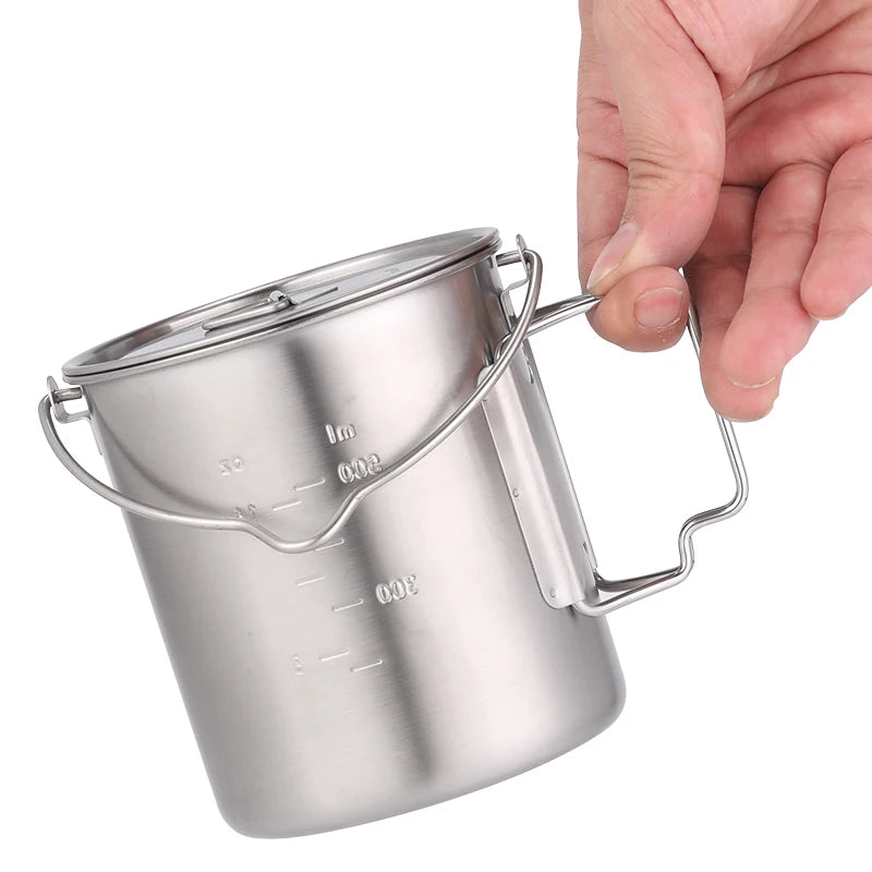 Camping Accessories Stainless Steel Mug Portable Water Mug Cup Coffee Milk Cooking Mug with Foldable Handle and Lid Cook Pots