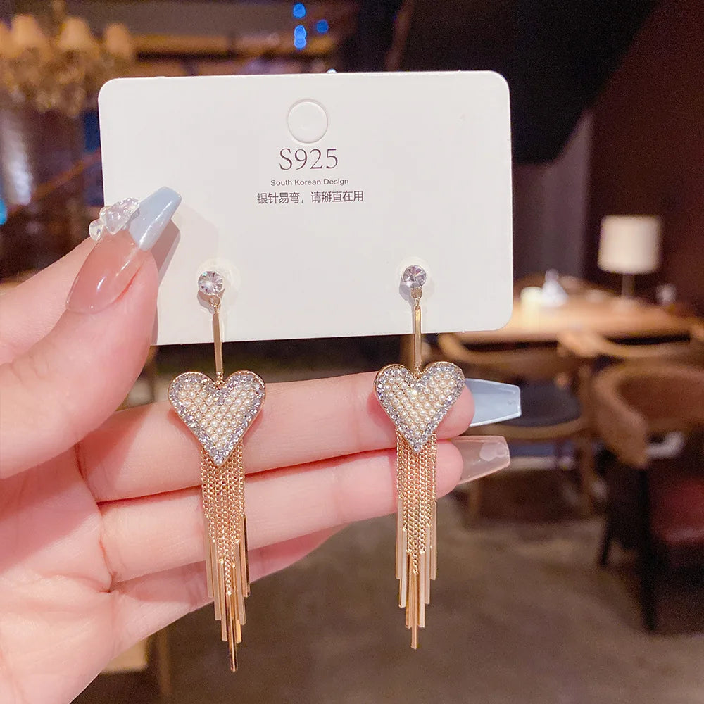 Newest Trendy Jewelry 925 Sterling Silver Needle Heart Stud Earrings Sparkle Full Rhinestone Long Tassel Dangle Earring