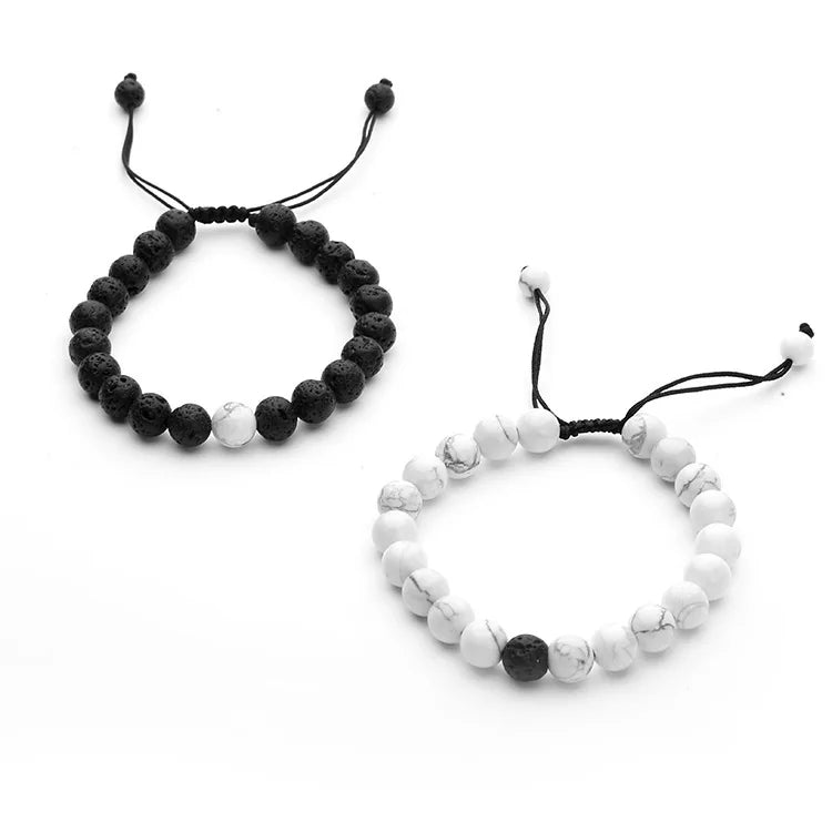8mm Natural White Howlite Lave Stone Beaded Bracelet for Men and Women Adjustable Cord Distance Couple's Design
