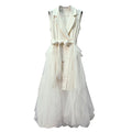 TWOTWINSTYLE Notched Collar Sleeveless High Waist Patchwork Lace up Spliced Mesh Solid Color Long Dresses Women