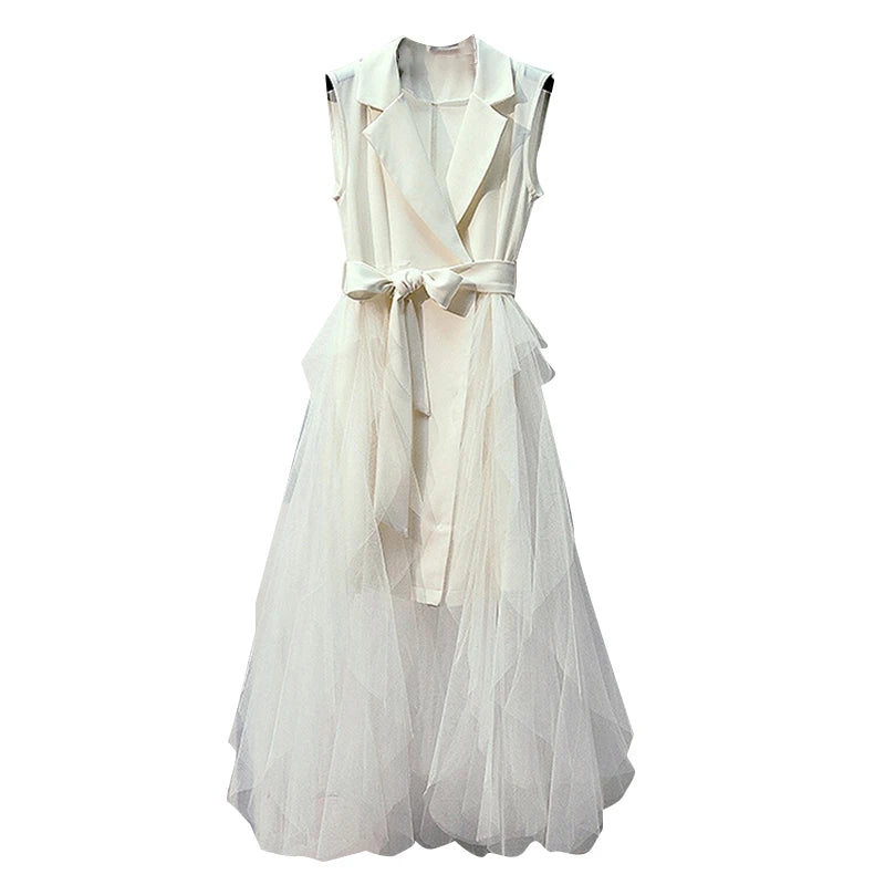 TWOTWINSTYLE Notched Collar Sleeveless High Waist Patchwork Lace up Spliced Mesh Solid Color Long Dresses Women