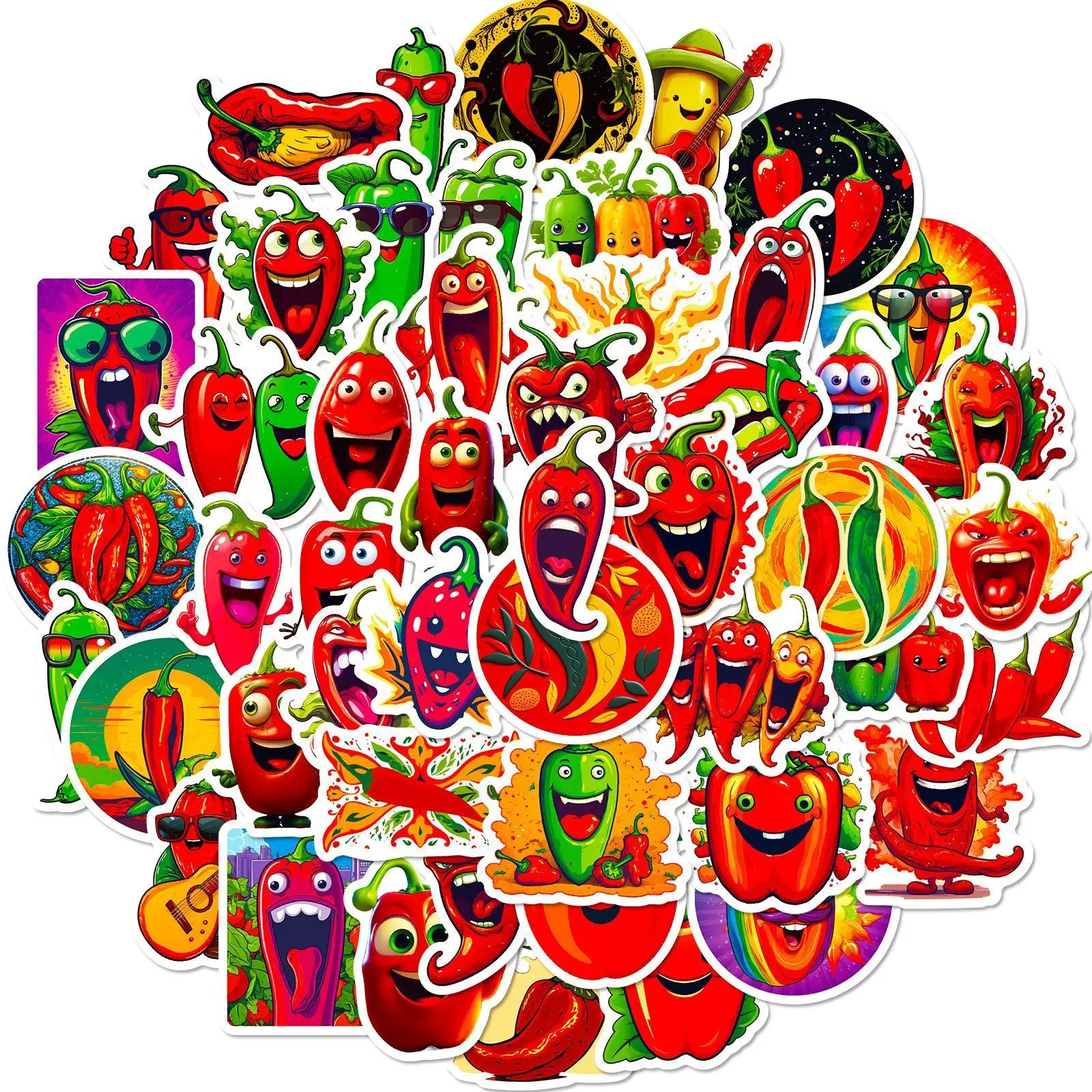 50Pcs Funny Red Green Pepper Graffiti Stickers for Car Bottle Laptop Decor Hot Spicy Mexican Food Sticker