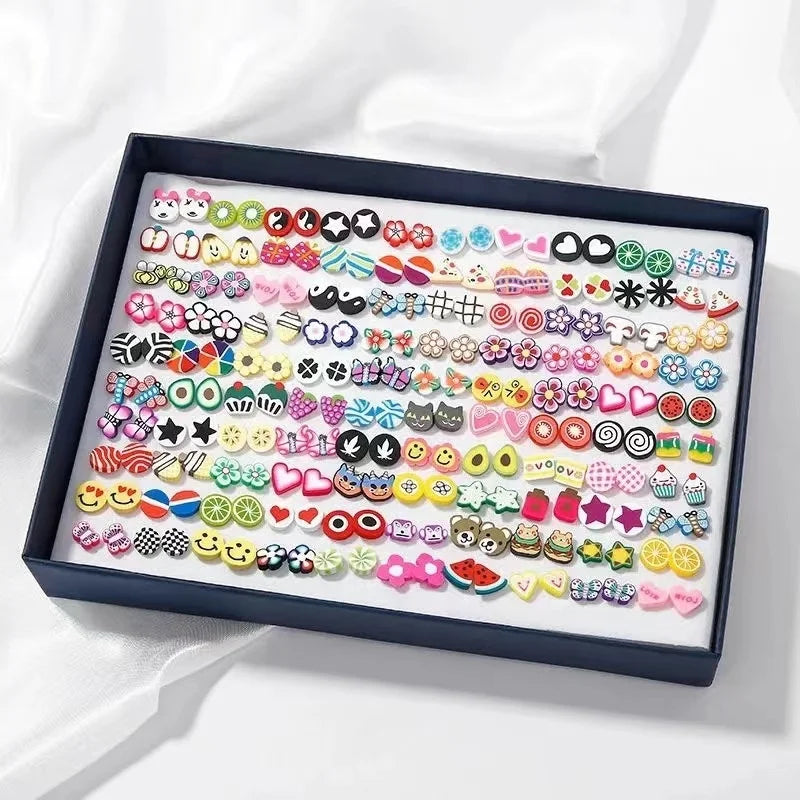 100 Pairs of Mixed Color Children's Polymer Clay Allergy Resistant Earring Boxed Set