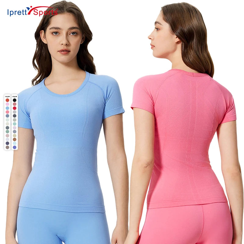 Breathable Equestrian Seamless Workout Short Sleeve T Shirts for Women Slim Fit Crew Neck Yoga Tops Quick Dry Athletic Tees