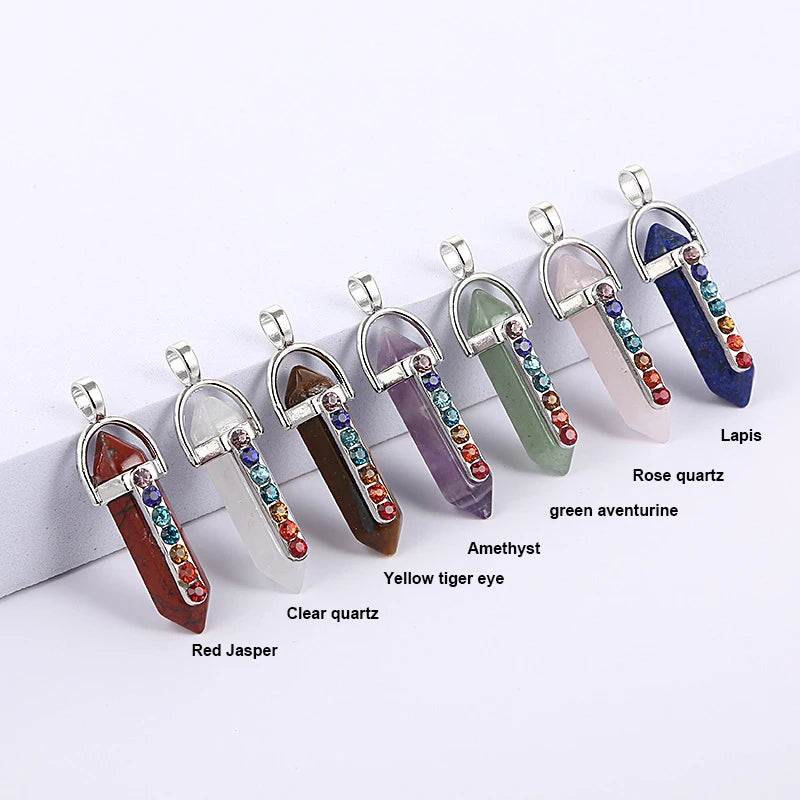 Luxury Natural Healing Stones Jewelry Bullet Hexagonal Seven Chakra Pendants Spiritual Healing