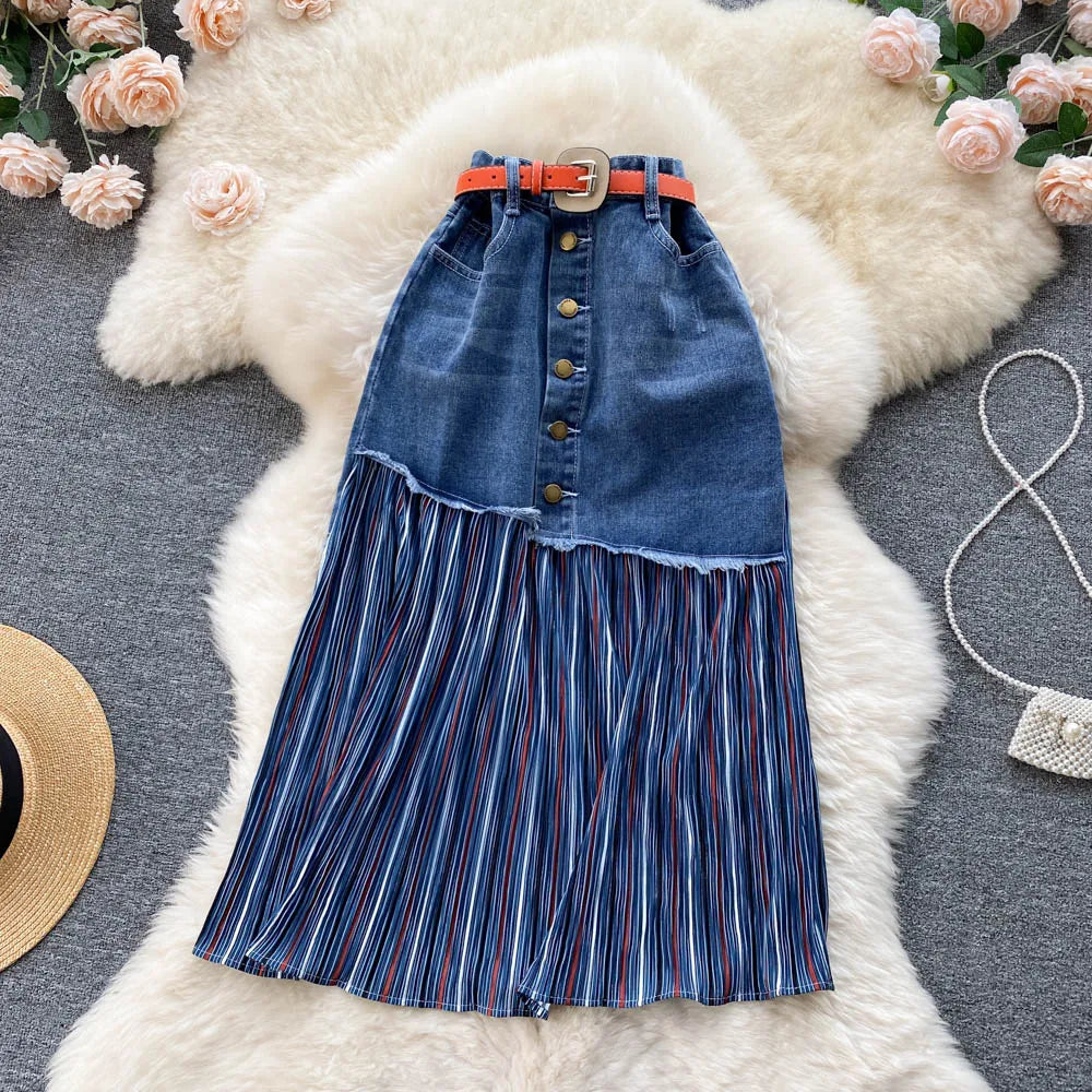 Wholesale 2026 Summer New Fashion Drape Pleated Splicing Denim Skirt Thin Irregular Long Skirt