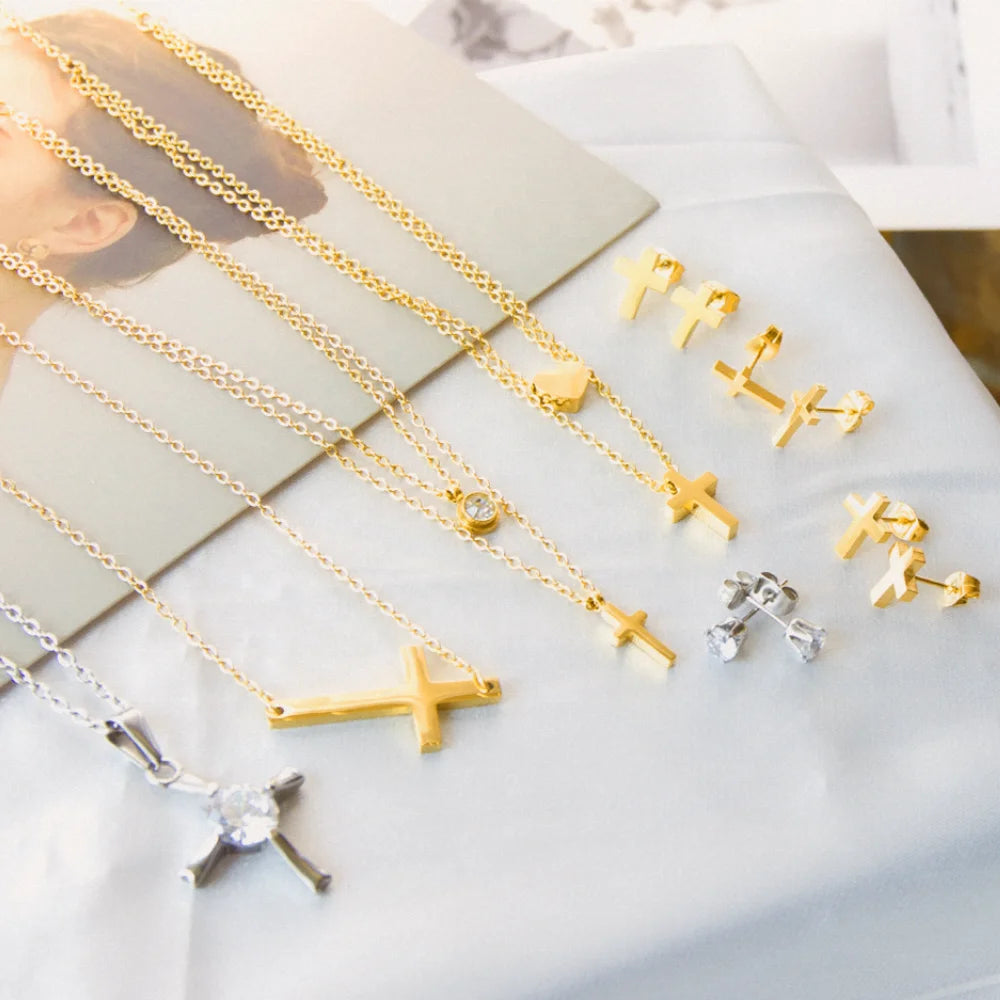 Minimalist Stainless Steel Cross Pendant Necklace and Earrings Jewelry Set Fashion Gold Silver Color Pendant Necklace Set Custom