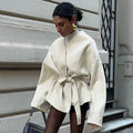 2024 Autumn Winter New Elegant V-neck Long Sleeve Jacket Lady Street Outerwear Fashion Solid Lace up Fleece Coat Belt for Women