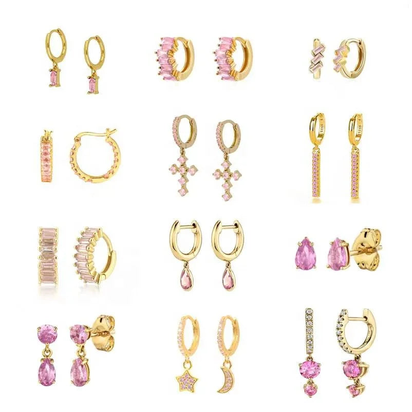 Gaby New pink Earrings Cartilage Studs pink Gold Cross Moon Star Ear Hoop Earrings Helix Wholesale Piercing Jewelry