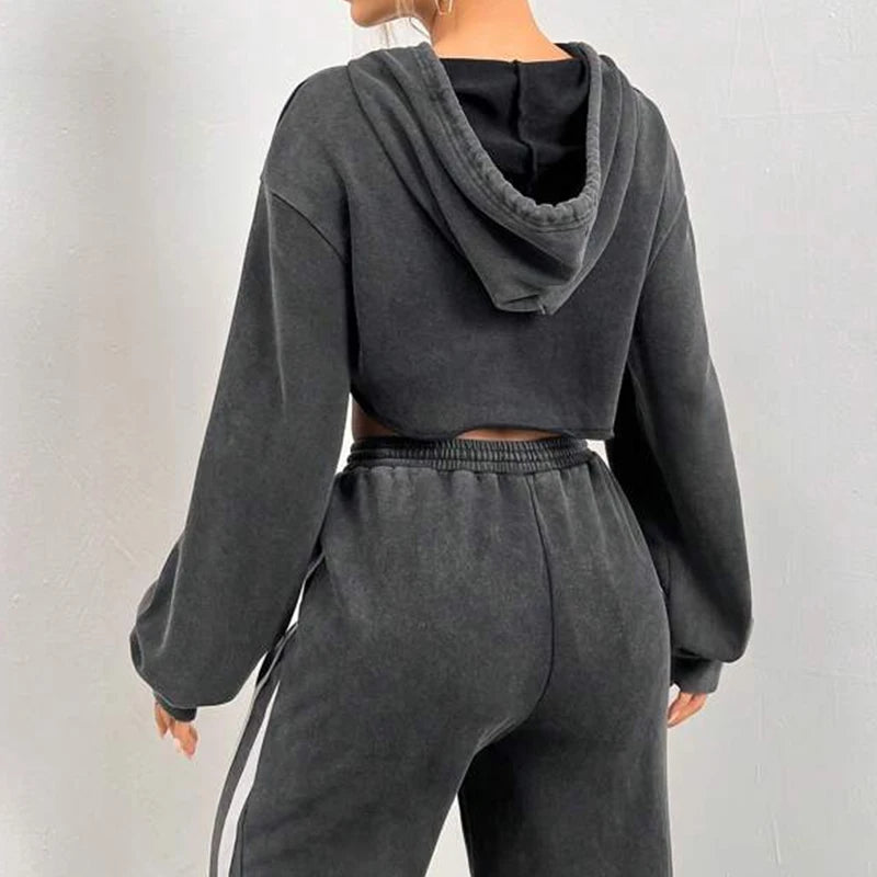 F230483 Custom Logo Jogger Gym Crop Top Hoodie Sweatshirt Two Piece Winter Sets Womens Tracksuits Pants Hoodie Set