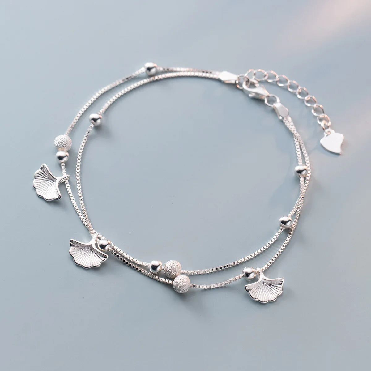 925 Sterling Silver Small Round Ball Double Layered Chain Bracelet Dainty Gingko Leaf Charm Bracelets Fine Jewelry for Women