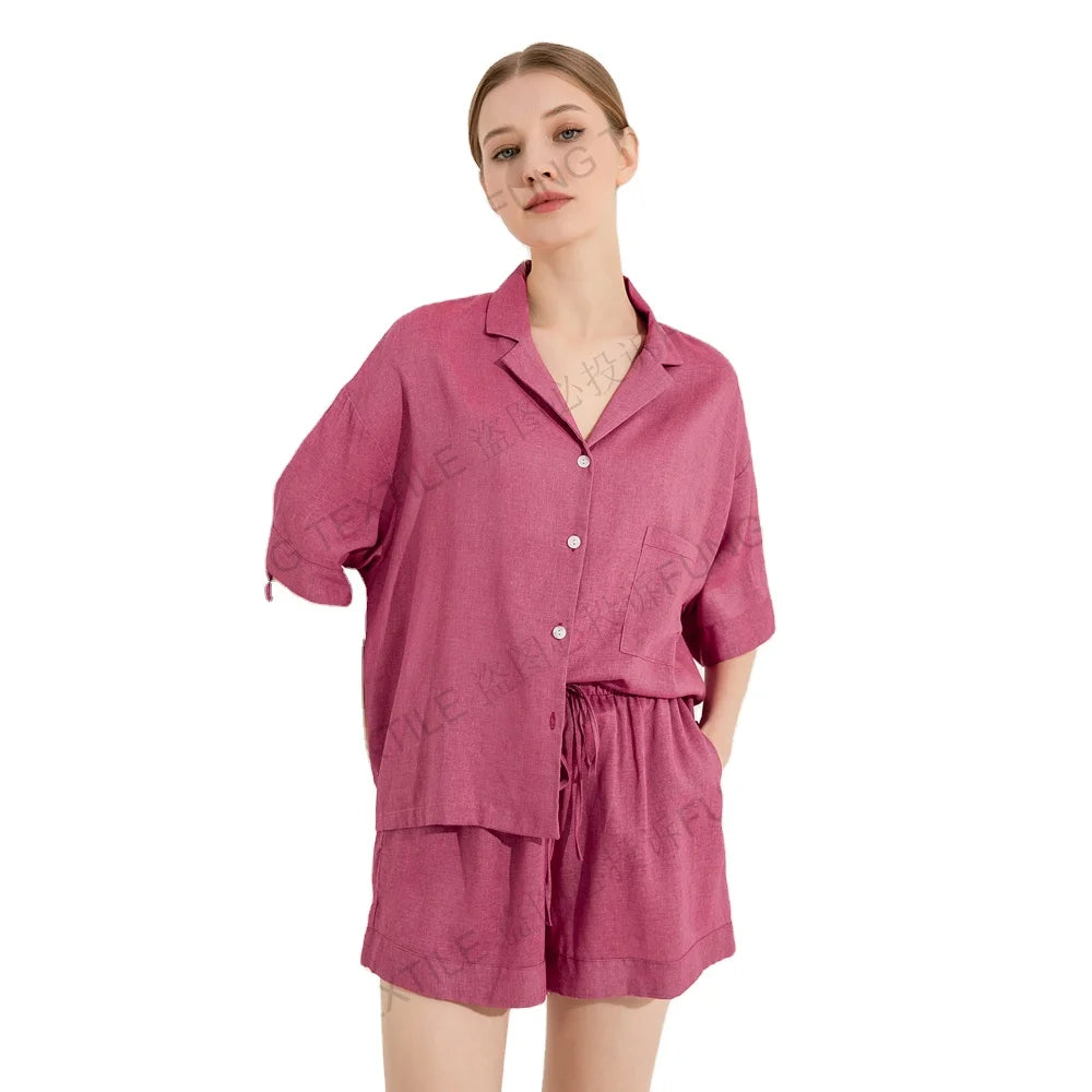 FUNG 6052 Linen Washed Loose Short Pants Luxury Casual Homewear Lounge Wear Sets Women Pajamas