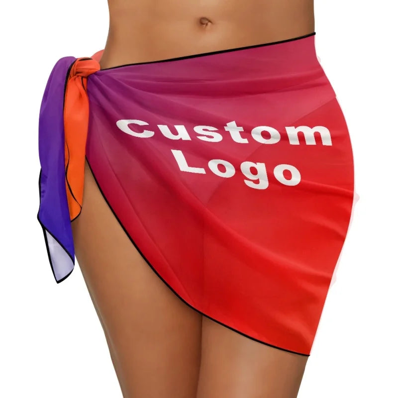 Women Short Sarongs Beach Wrap Custom Text Logo Sheer Bikini Wrap Cover up Chiffon Beach Sarong for Pool Vacation Party in Bulk