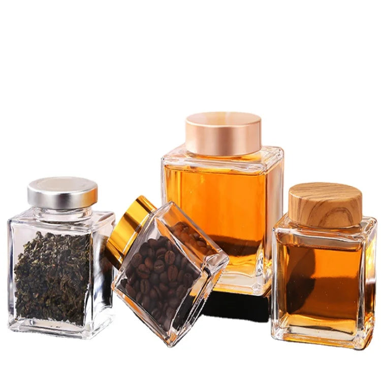 Custom Square Glass Honey Jars 50ml-750ml with Screw Cap Lids Food Storage Jars for Sale