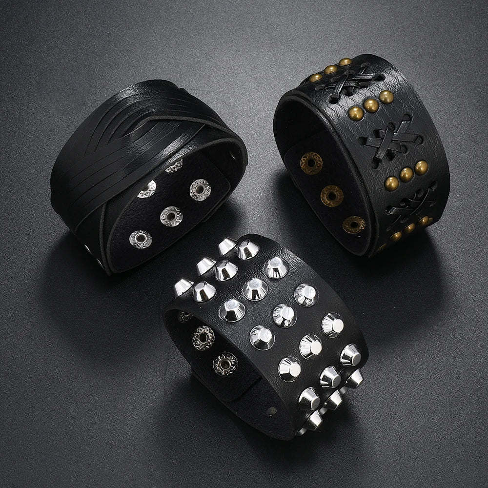 Punk Rock Metal Rivet Leather Bracelets for Men 3-Piece Fashion Accessory Jewelry