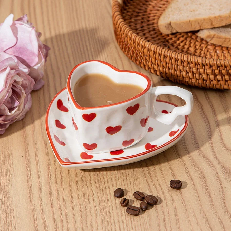Custom Ins Wholesale Cute Gift Valentine's Day Heart Shaped Porcelain Mugs and Saucer Set Handmade Custom Logo Coffee Mug