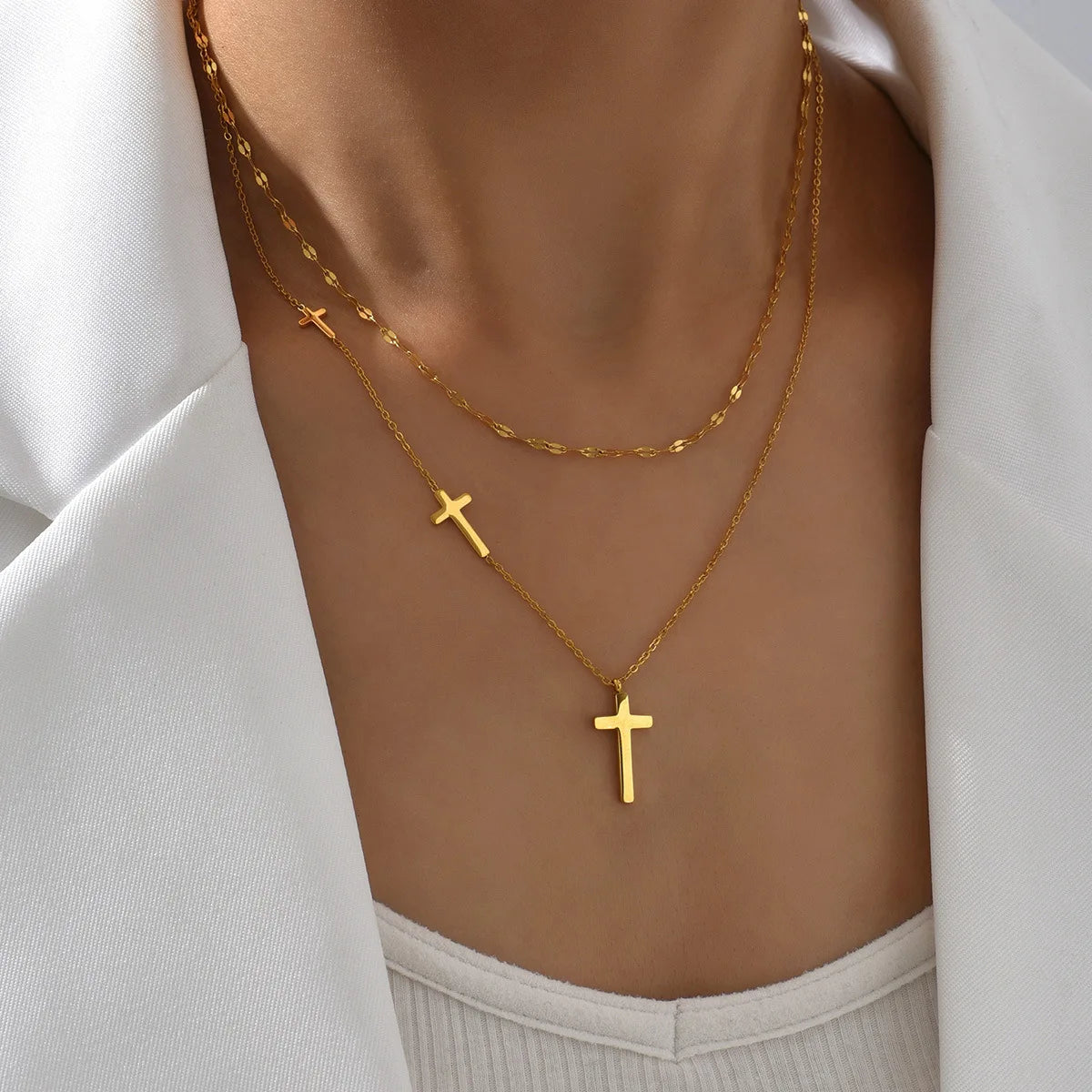 Niche Fashionable Cross Necklace Waterproof Stainless Steel Necklace Double Layer Chocker Clavicle Chain Necklace for Women