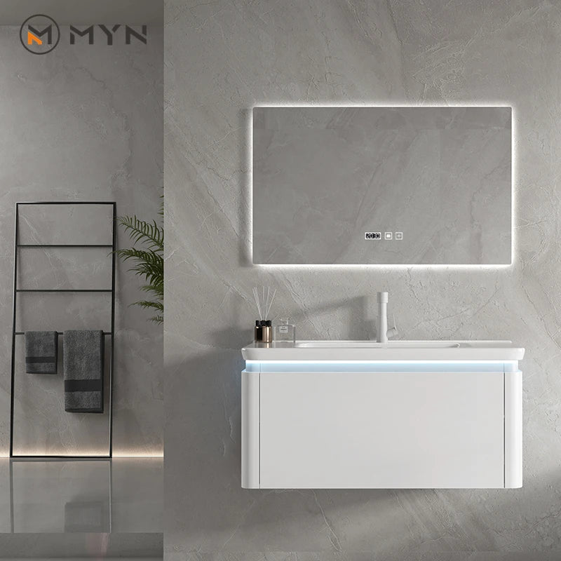 Modern Design White Skin Feeling Waterproof  Ceramic Counter Customize Wall Mounted LED Bathroom Mirror Cabinet  Vanity