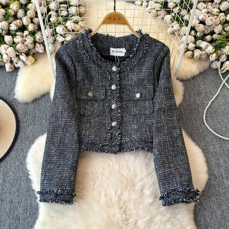 Professional Custom Factory Direct Women Elegant Single Button Closure Tweed Jacket for Autumn Winter Coated with Pattern