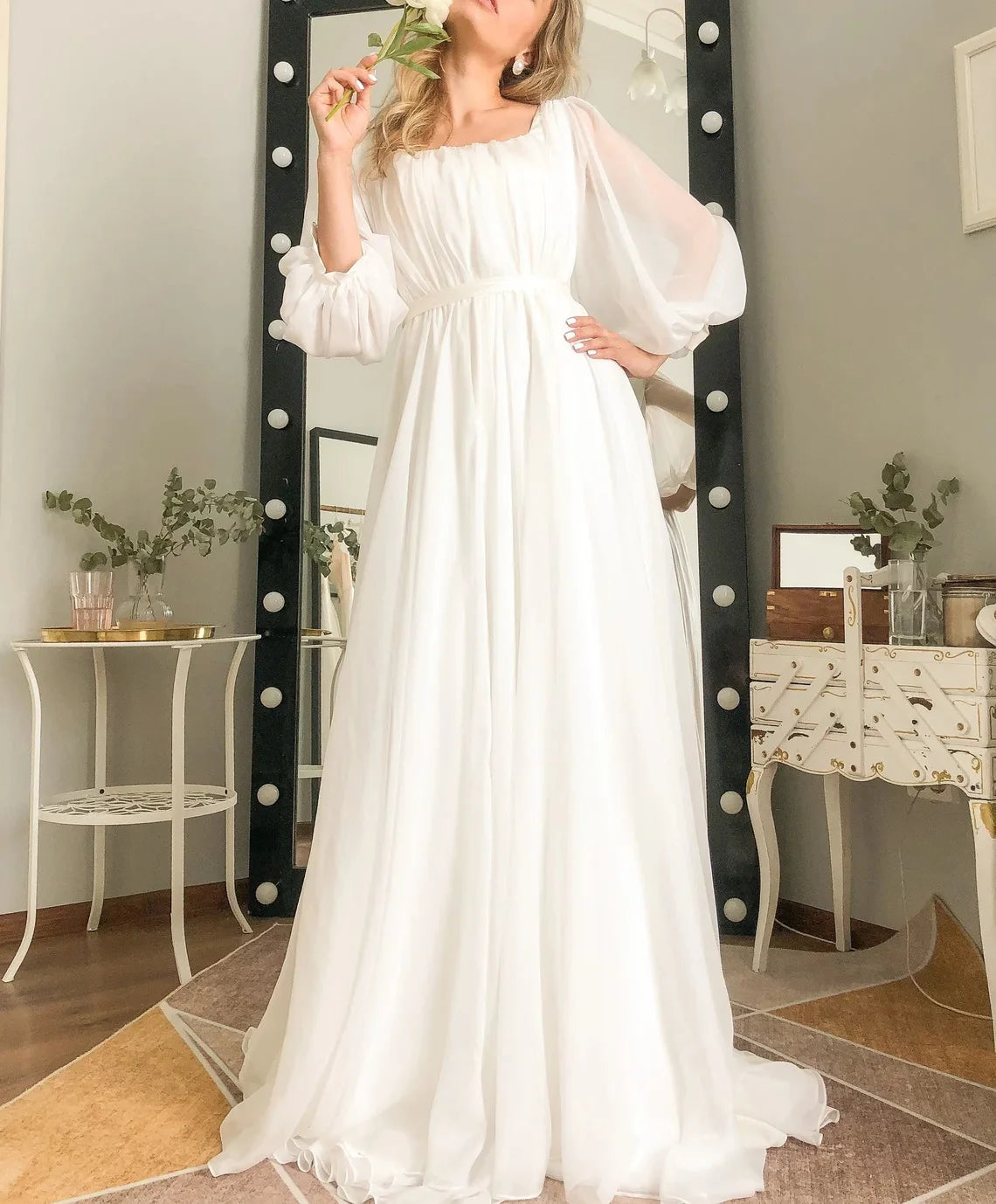 11980#Square Neck Sweep Train Bohemian Beach Chiffon A-Line Elegant Open Back Vestido De Noiva Wedding Dress Wedding Bridal Gown