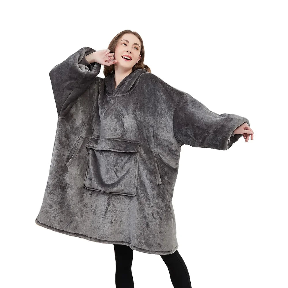 Warm Fluffy Soft Plush Fuzzy Loose Outwear Long Sleeves and Pocket Sherpa Wearable Oversized Sweatshirt Hoodie Blanket