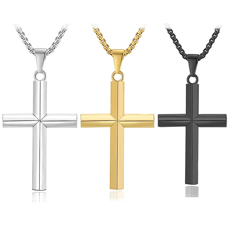 Simple Trendy Stainless Steel Square Cross Pendant Necklace Zircon Accessory Men's Anniversary Engagement Gift