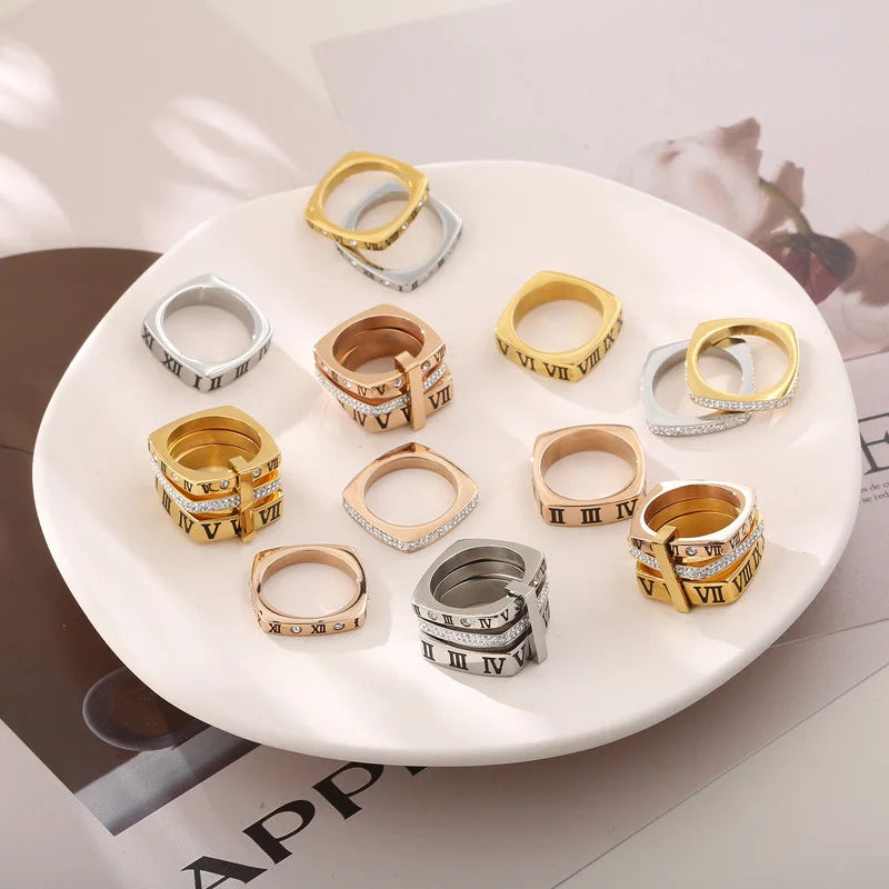 YF3022 Waterproof Jewelry Roman Number Rings 18k Gold Plated Stainless Steel Enamel Cubic Zirconia Stacking Couple Ring Big Size
