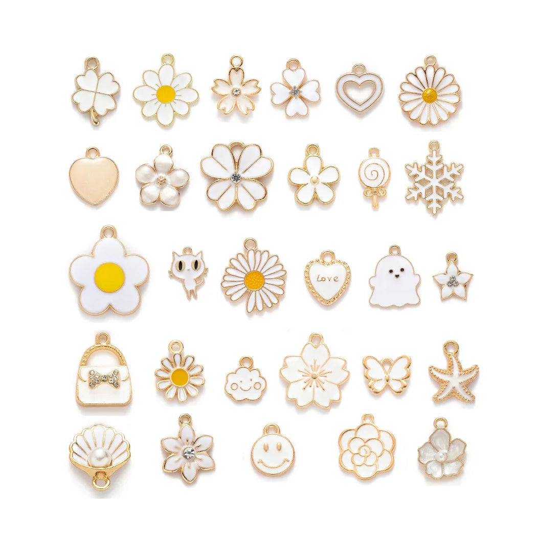 White Flower Alloy Oil Dropping DIY Enamel Charms for Bracelet Necklace