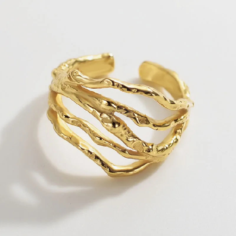 Personalized 18K Gold Plating Multi Layers S925 Sterling Silver Open Ring Unique Design Geometric Lava Texture Lines Finger Ring