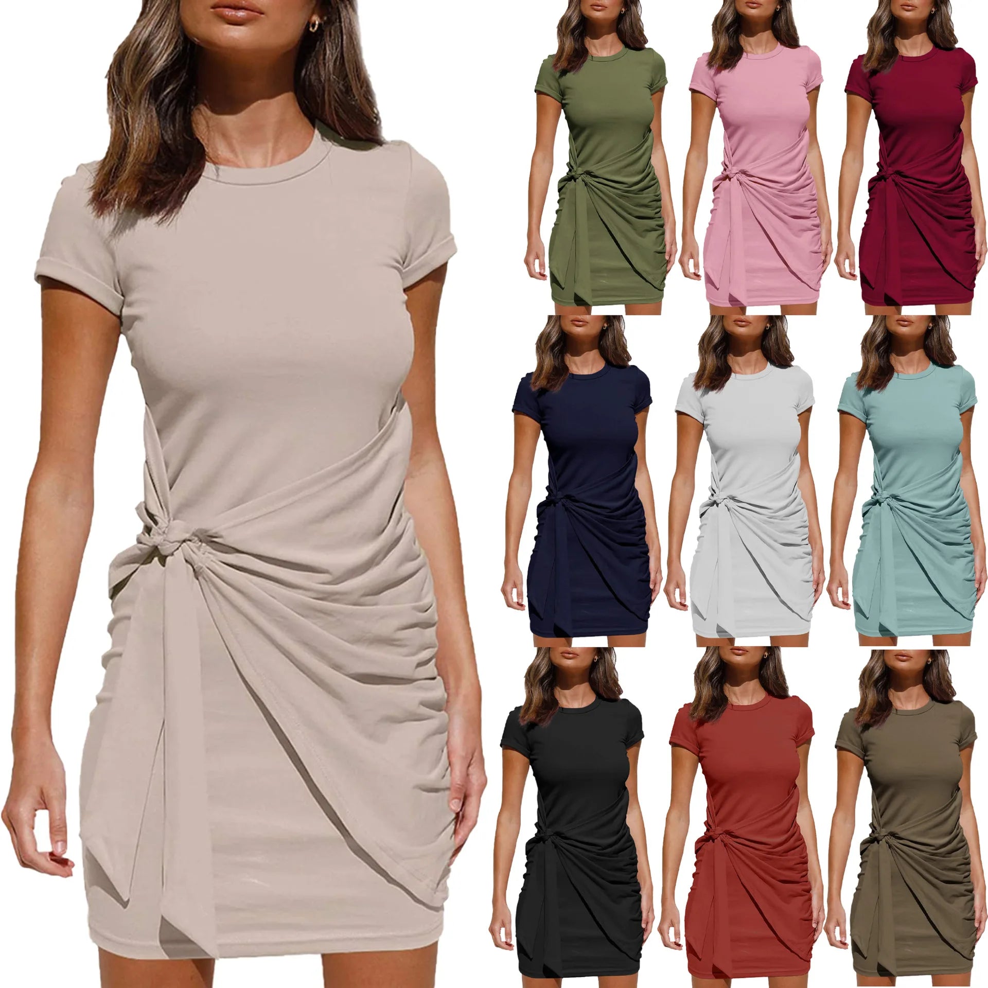 Summer New Style Short Sleeve Casual Dress Solid Color Ruffle Round Neck Front Knot Dress