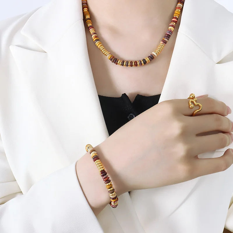Fashion Classic Jewelry Necklace Bracelet Set Titanium Stainless Steel Natural Stone Chain for Women Girl Girlfriend P1461-E426
