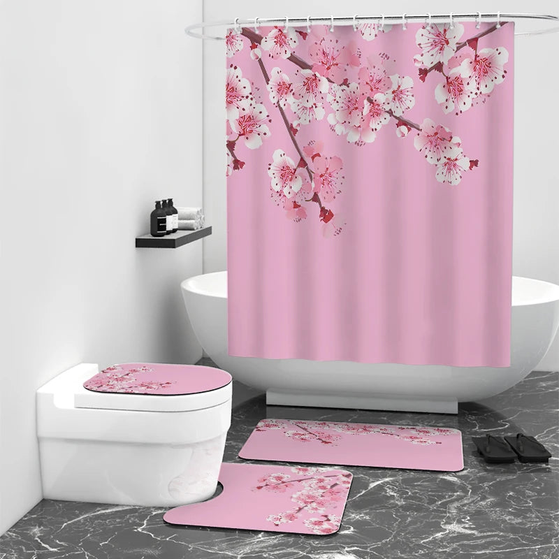 Pink Flowers Shower Curtain Waterproof Floral Bathroom Decor Set with Shower Curtain and Rugs