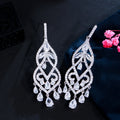 Dark Blue Cubic Zirconia Crystal Long Dangling Drop Earrings for Women Silver Plated Vintage Ethnic Wedding Party Jewelry