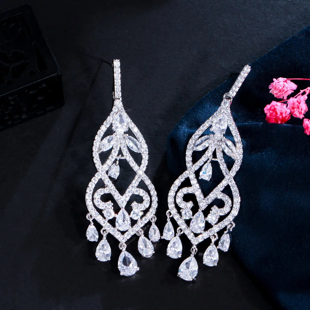 Dark Blue Cubic Zirconia Crystal Long Dangling Drop Earrings for Women Silver Plated Vintage Ethnic Wedding Party Jewelry