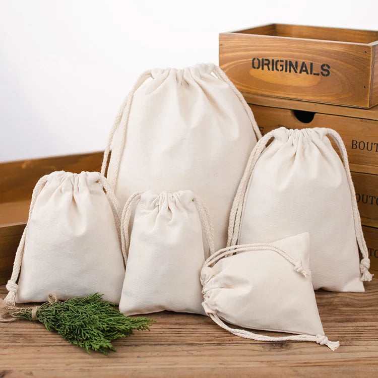 Custom Large Eco-Friendly Cotton Canvas Drawstring Laundry Bag Reusable with Logo for Storage