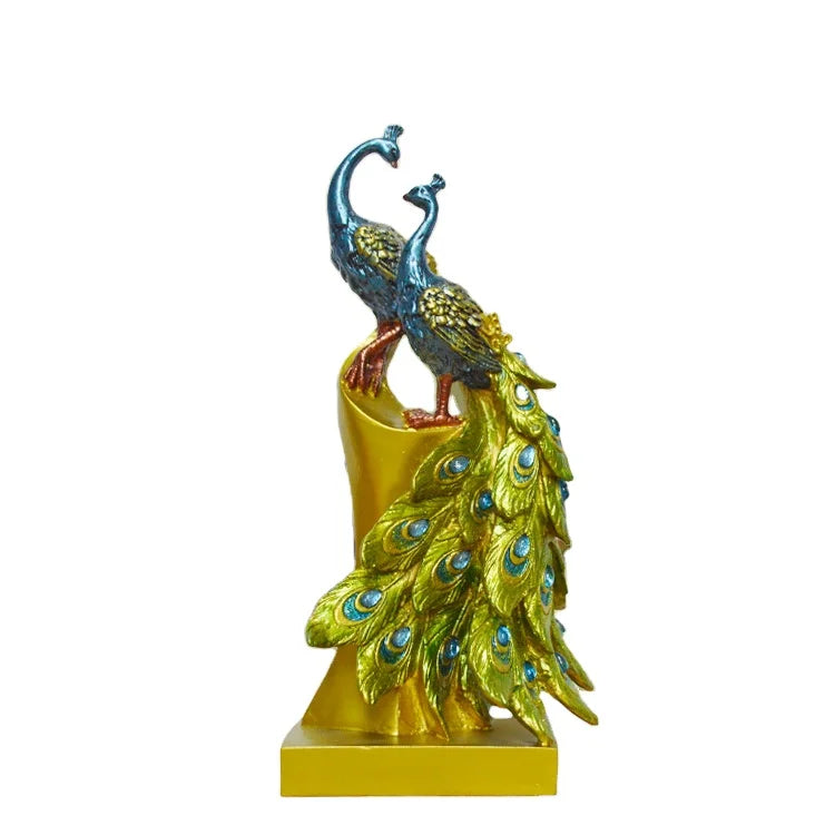 Double Head Blue Peacock Creative 28CM Resin Craft Desktop Peacock Home Furnishings Peacock Figurine  Home Furnishings Sculpture