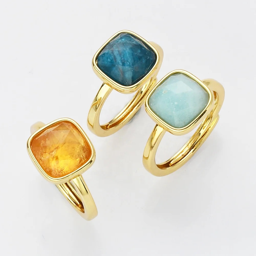 Gold Plated Genuine Healing Crystal Ring Square Natural Gemstone Rings