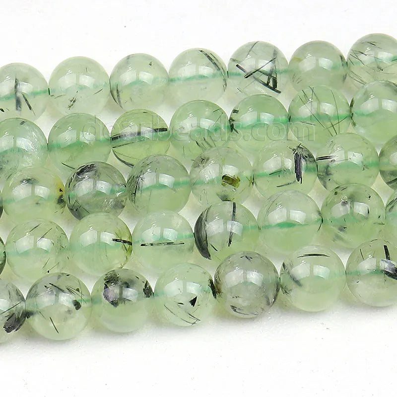 Wholesale Natural Green Prehnite Gemstone With Black Tourmaline Loose Beads for Jewelry Making 6mm 8mm 10mm 12mm