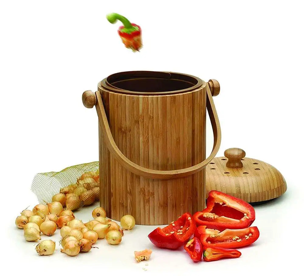 Bokashi Kitchen Composert Food Waste Bin 3-Quart Kitchen 100% Natural Bamboo Compost Pail With Plastic Lining.
