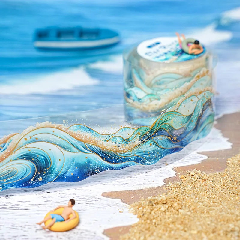 1Roll Star River Waves Series Water Activated Rubber Masking PET Tape Double-Sided Paper Splicing European Vintage Handbook