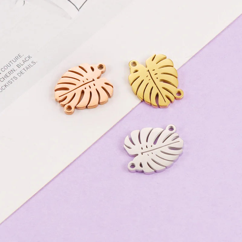 BASQUESUN Factory Wholesale Custom Hot Selling Mirror Stainless Steel Hollow Leaf DIY Customizable Pendant Accessory 14 * 16mm
