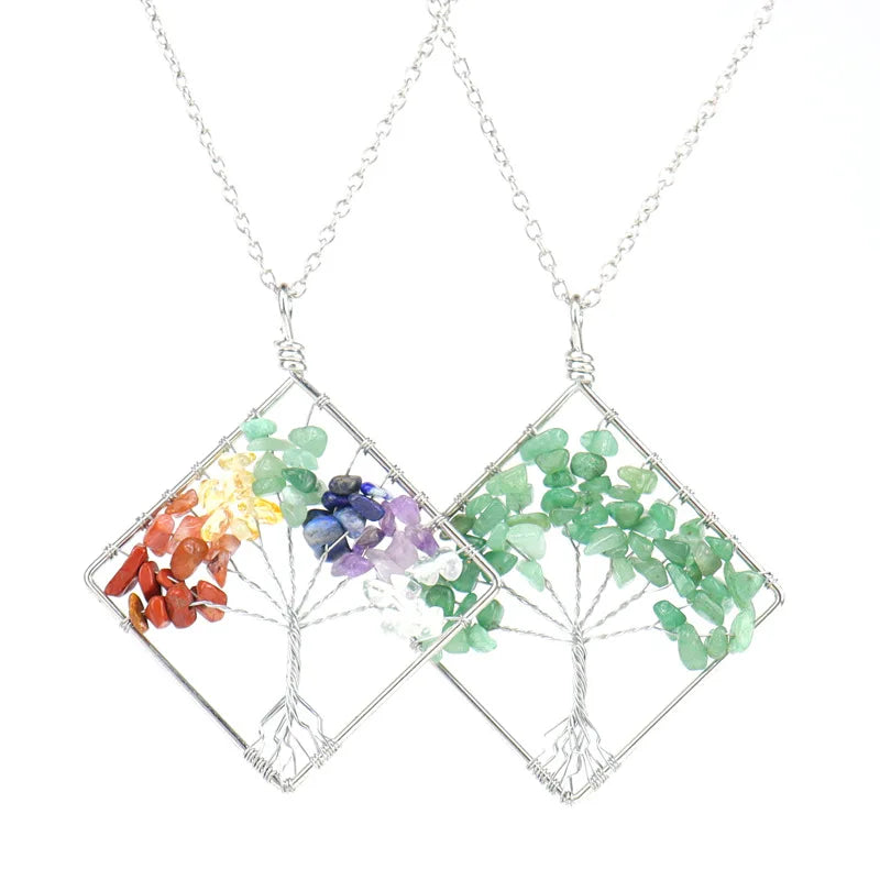 New 7 Chakra Quartz Natural Stone Tree of Life square Pendant Necklace Women Healing Crystal Necklaces Pendants
