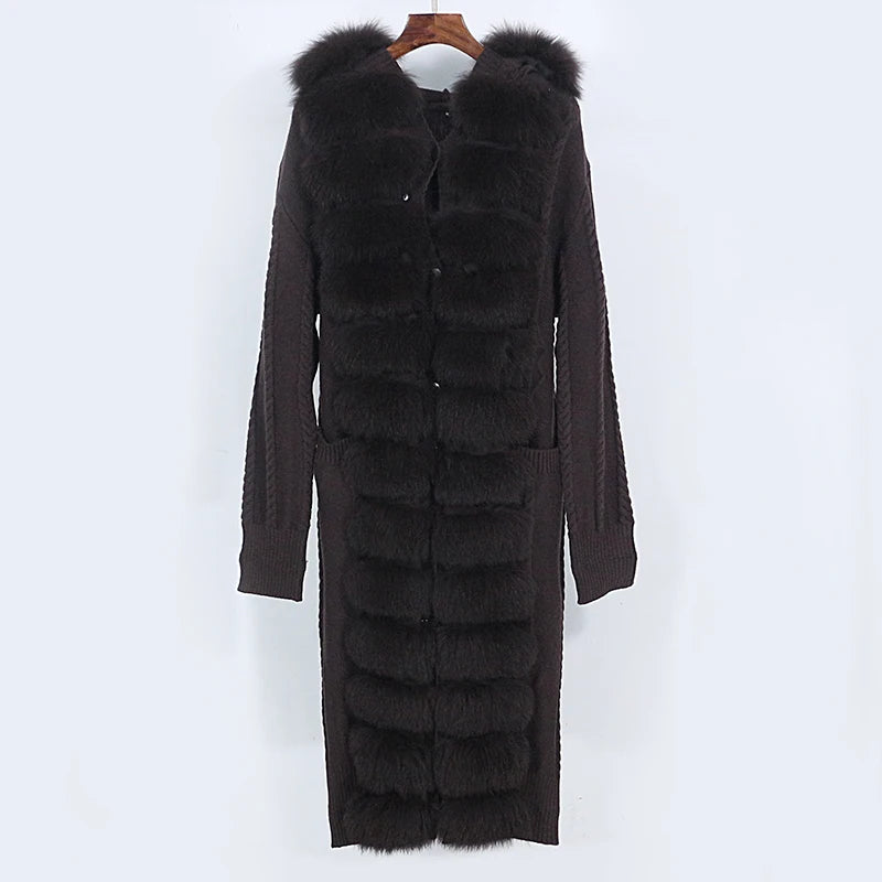 OFTBUY 2023 X-Long Knitted Woolen Sweater Real Fox Fur Hood Casual Winter Outerwear Real Fur Front Long Cashmere Wool Blends