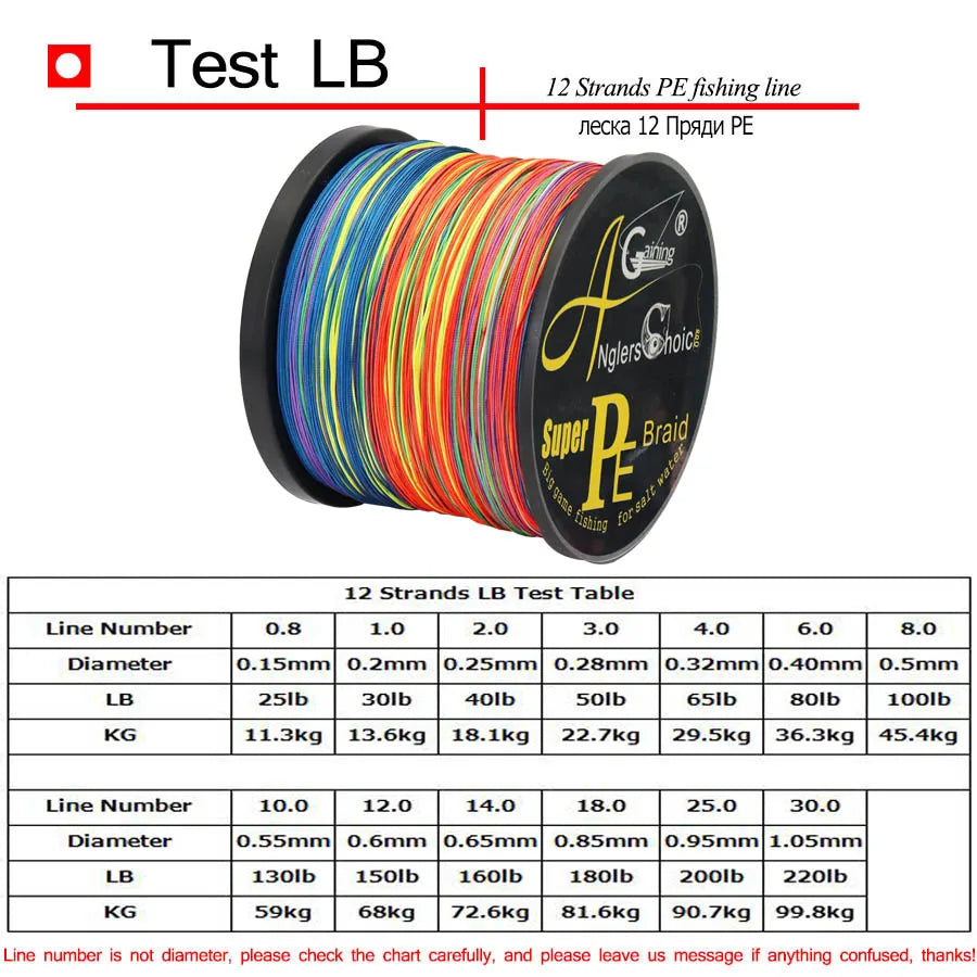 12 Strands 300m 500m  Braid Wire Super Multicolor PE Braided Fishing Line Strong Strength Fish Line 25LB-220LB