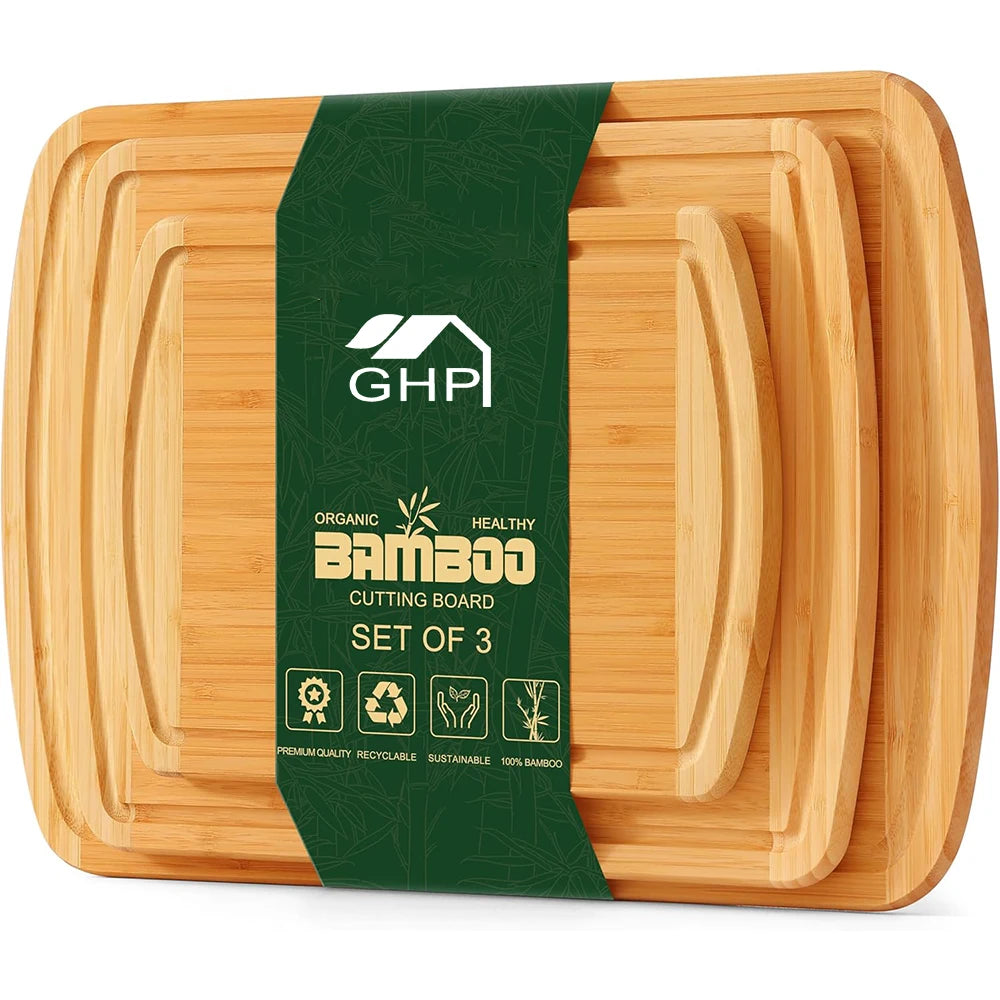 Pre Oiled Two Tone Bamboo Cutting Board Set of 3 Durable BPA Free Reversible Wooden Charcuterie Serving Chopping Butcher Block